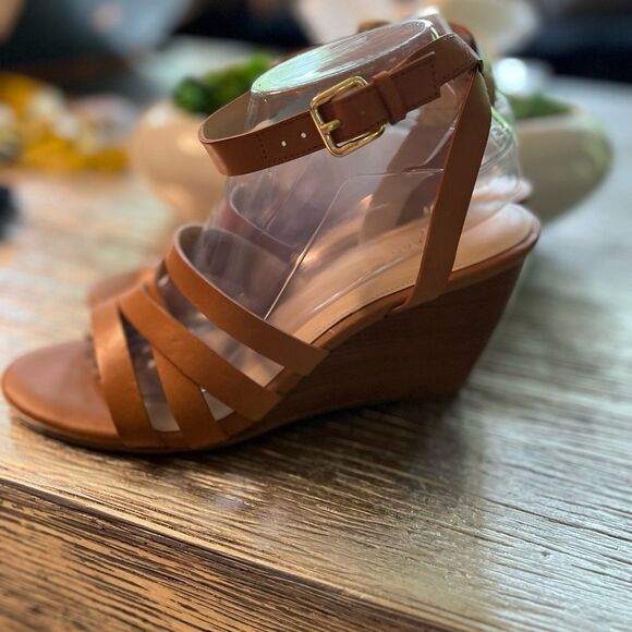 Cole Haan Tan Leather Ankle Strap Wedge Sandals sz 9 NWOT - Picture 1 of 7